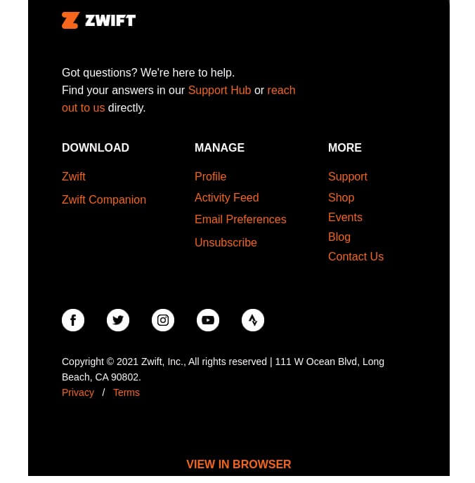 Zwift email drop-down menus