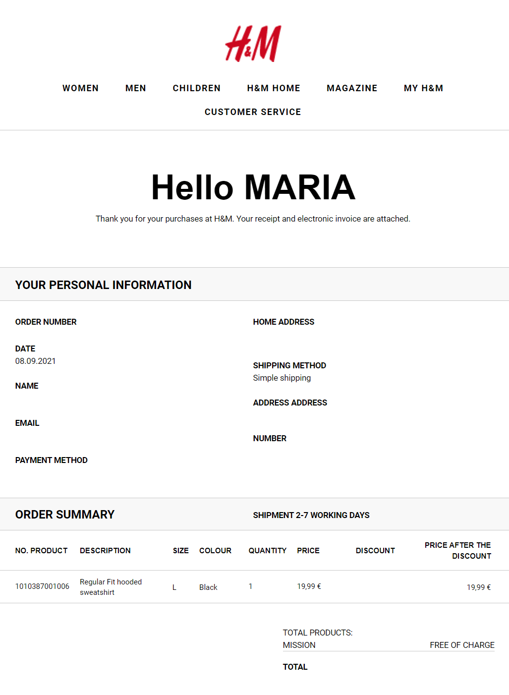 h&m order confirmation email campaign