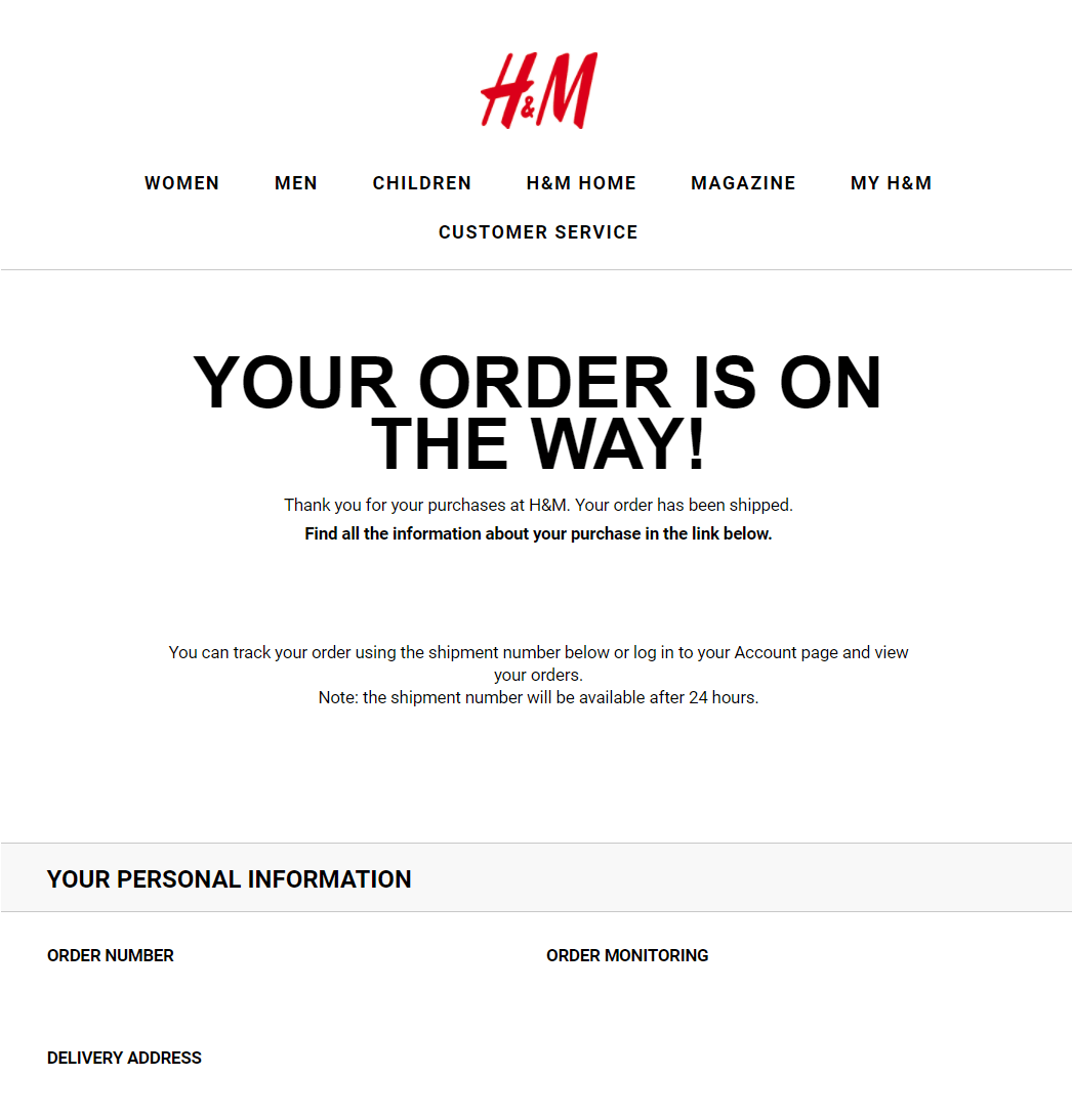 H&M shipping status update email