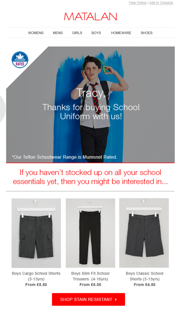 Matalan cross-selling email example