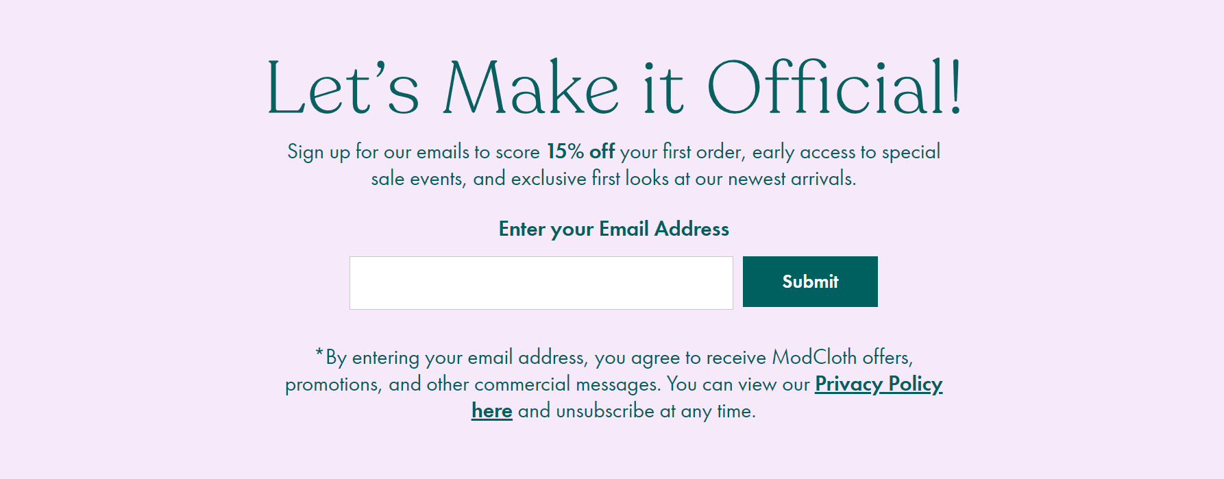 modcloth newsletter signup form for fashion 