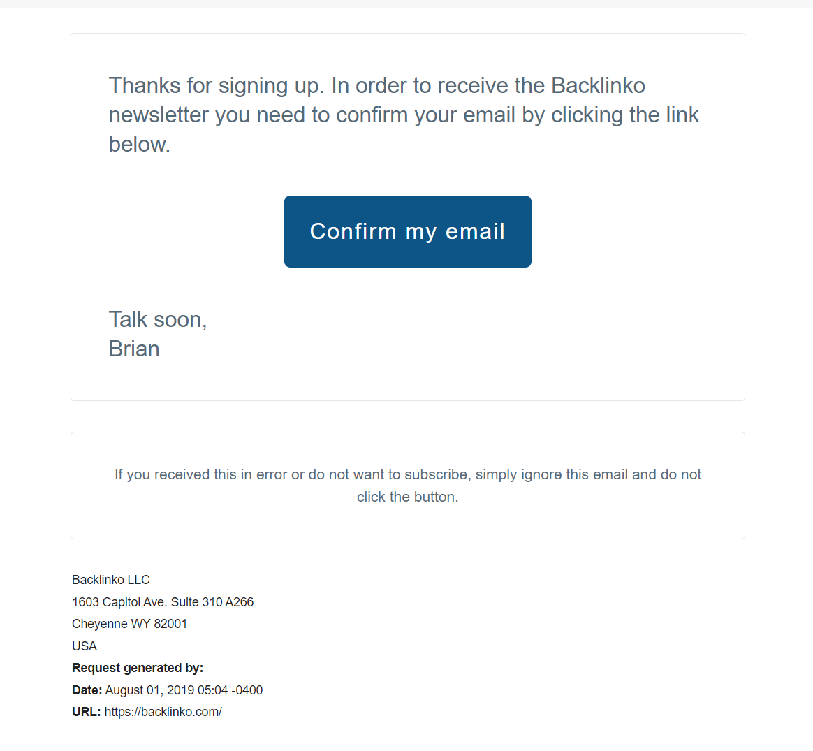confirmation email example brian dean