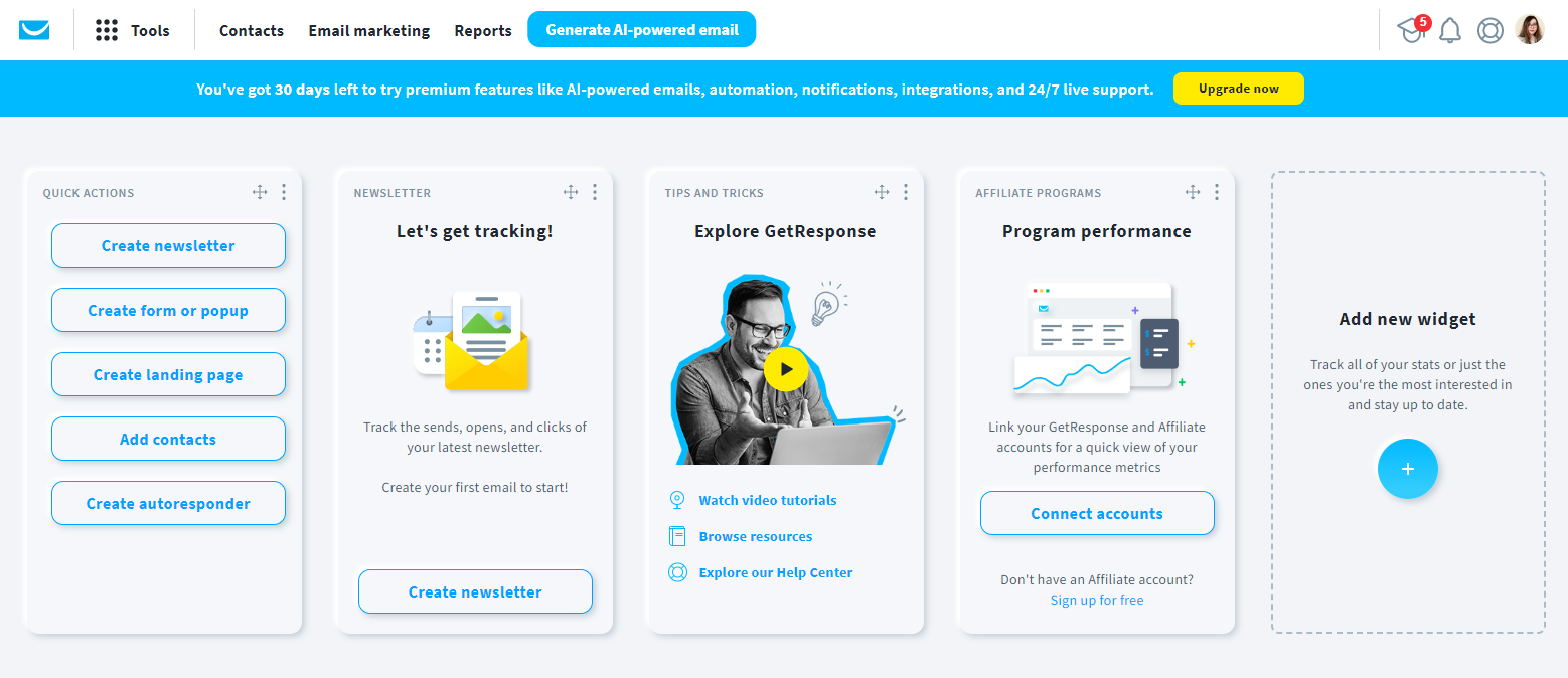 getresponse email platform dashboard