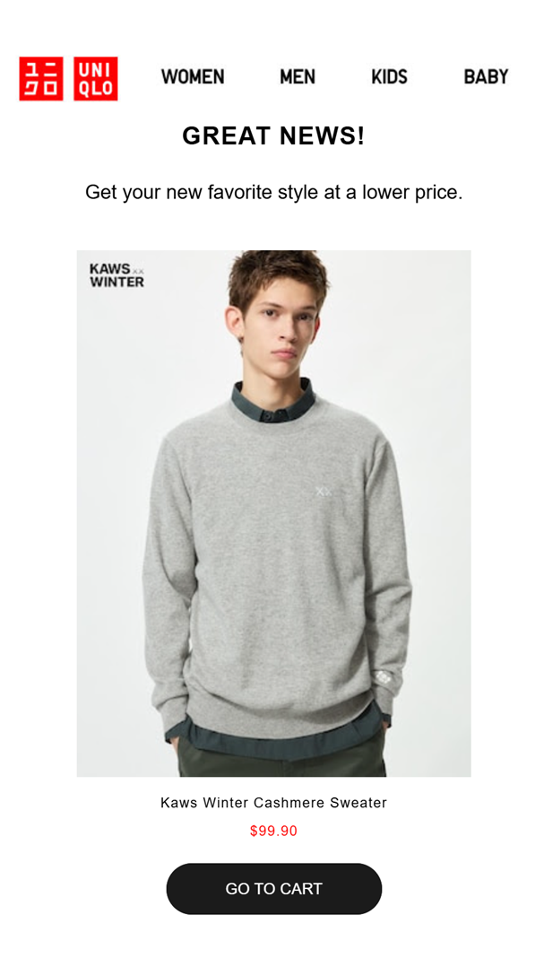 uniqlo personalized triggered email for price reduction