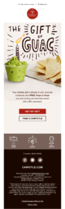 birthday email with a gift by Chipotle