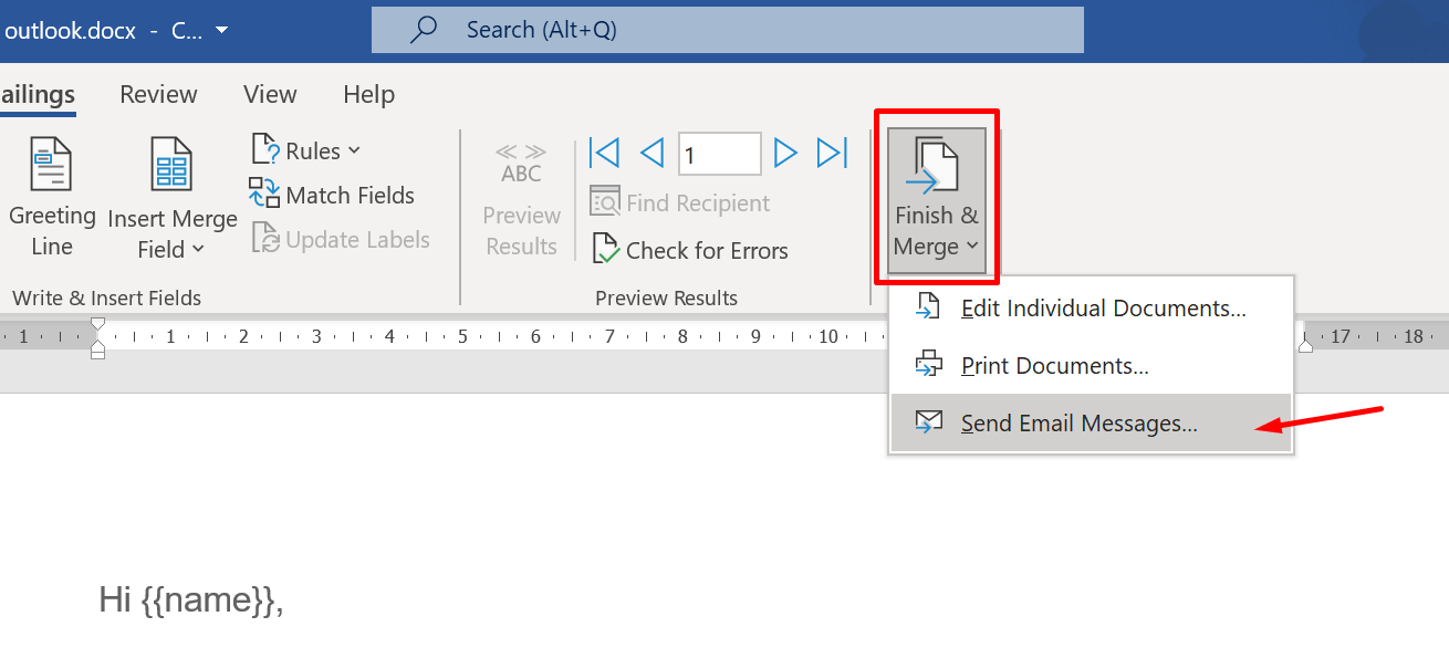 finish & merge in outlook