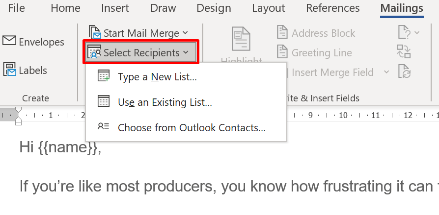 Select recipients in mail merge