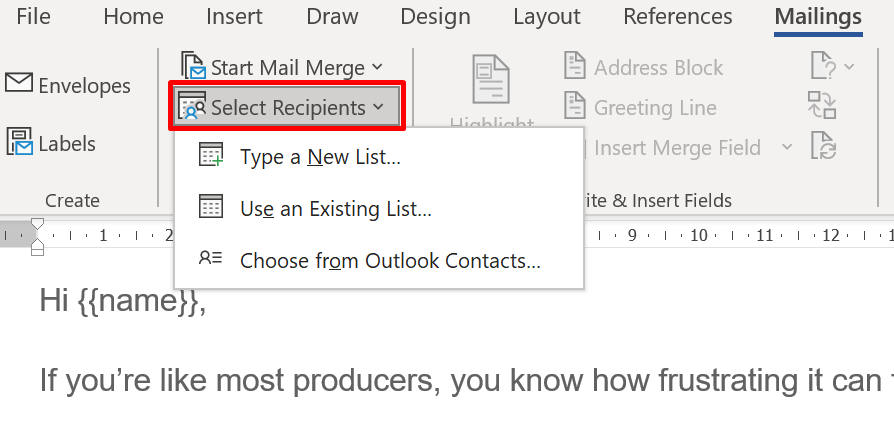 select recipients in mail merge