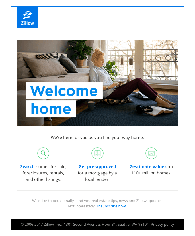 Zillow's welcome email