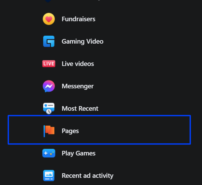 Pages button on Facebook menu