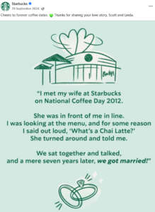 Starbuck's post with a love story