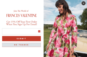 Frances Valentine's signup form offering a 15% discount