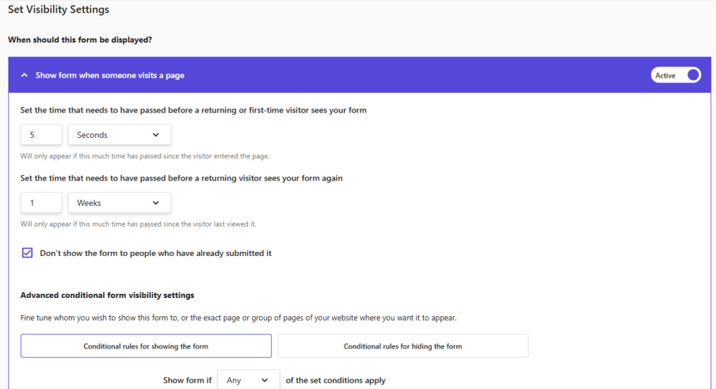 Moosend's form visibility settings