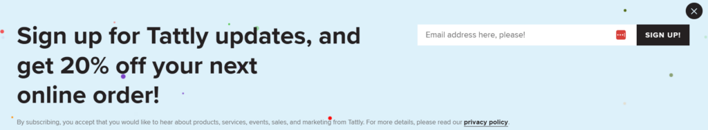 Tattly's footer signup form with a 20% discount