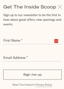 The Hoxton's newsletter signup example