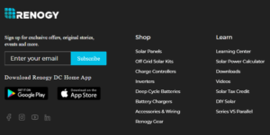 This image shows a newsletter signup by Renogy on the website footer