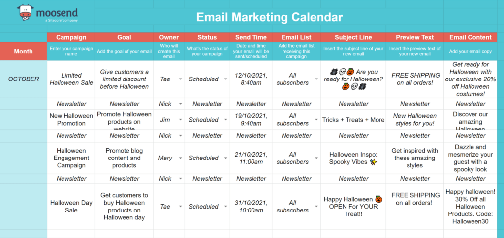 Halloween email marketing calendar template