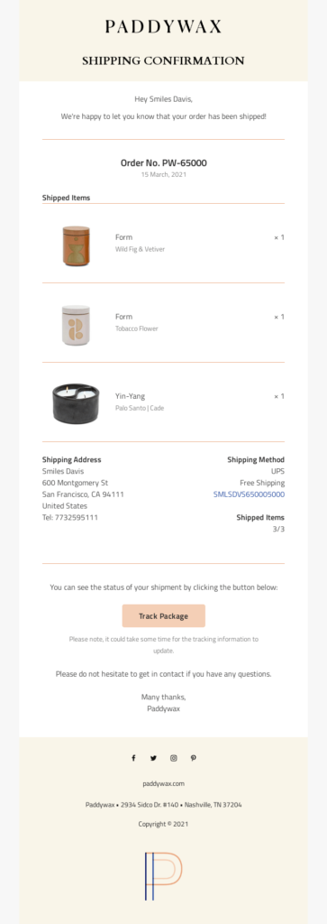 shipping confirmation email by Paddywax