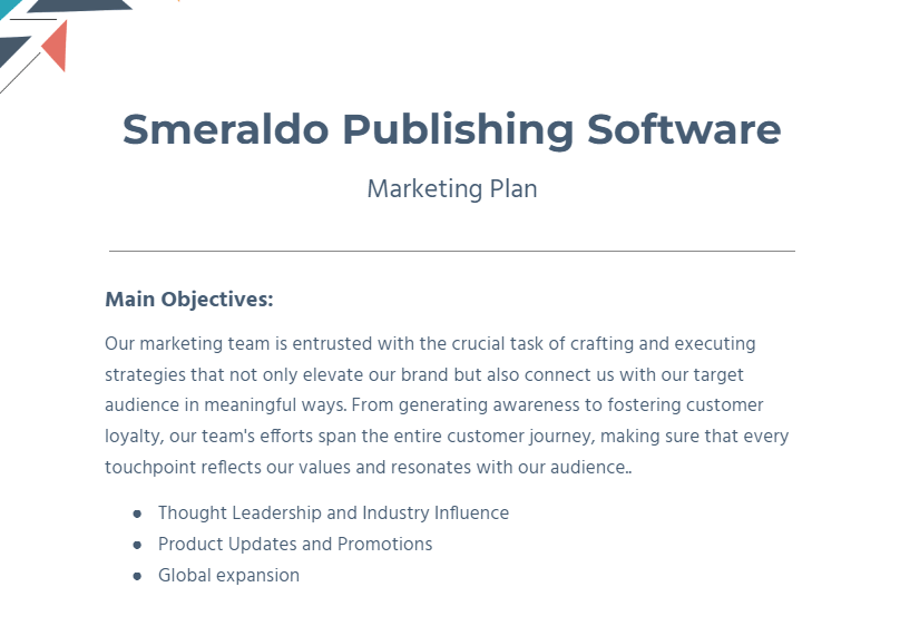 marketing plan example featuring a publishing software company