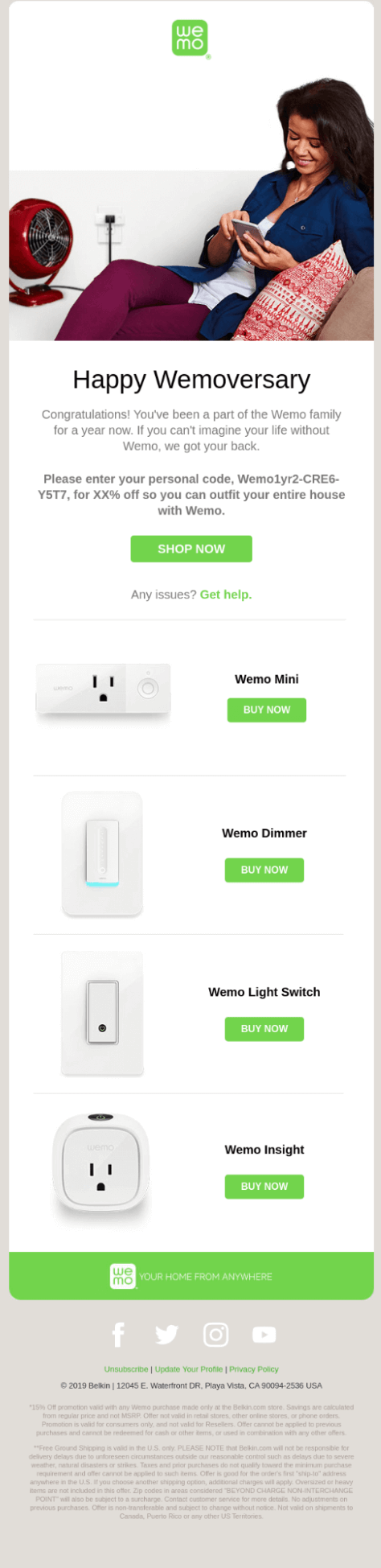 Wemo anniversary email