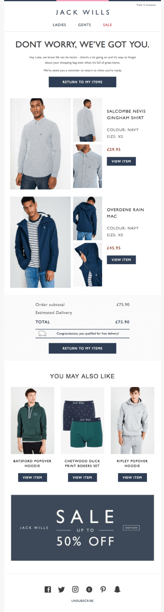 Jack Wills abandoned cart email