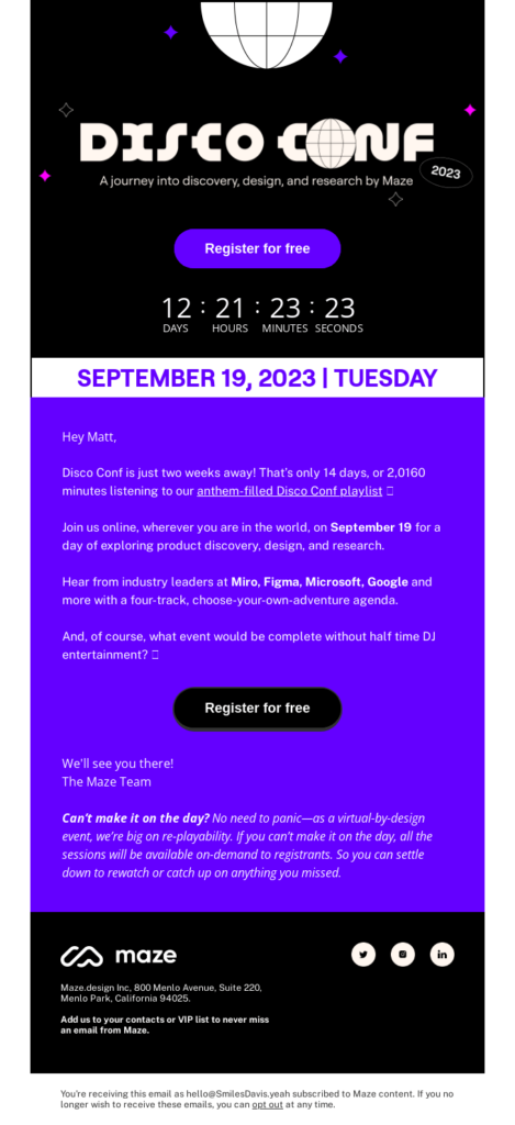 Maze coference registration email example