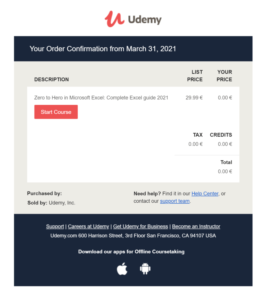 Order confirmation campaign by Udemy