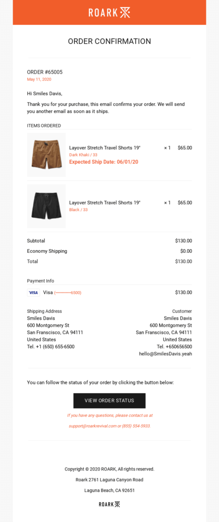 Roark order confirmation email
