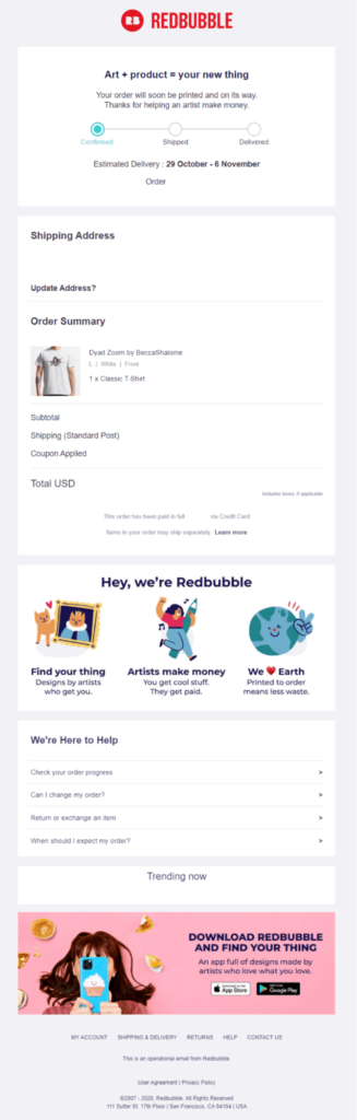 Redbubble order confirmation