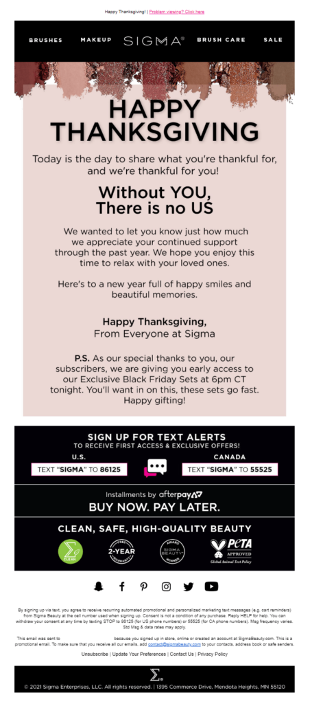 Sigma Beauty heartwarming Thanksgiving email example
