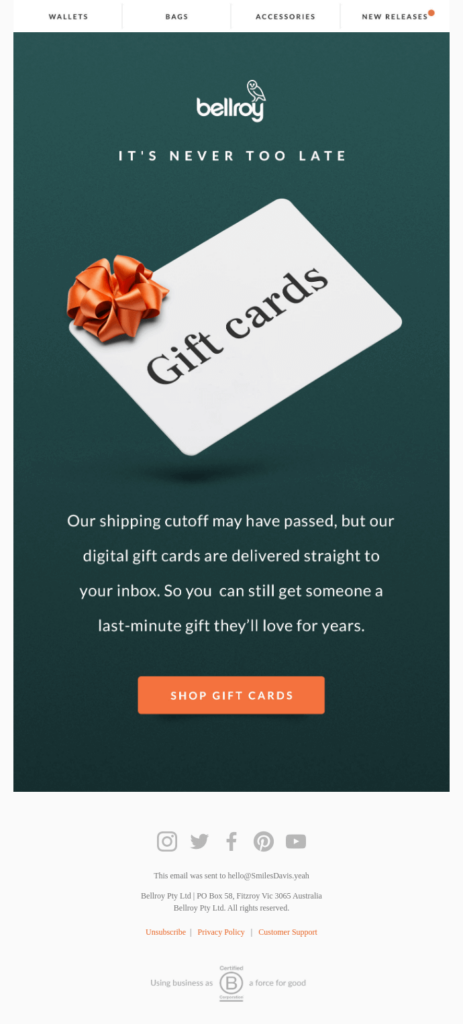 Bellroy Christmas email example