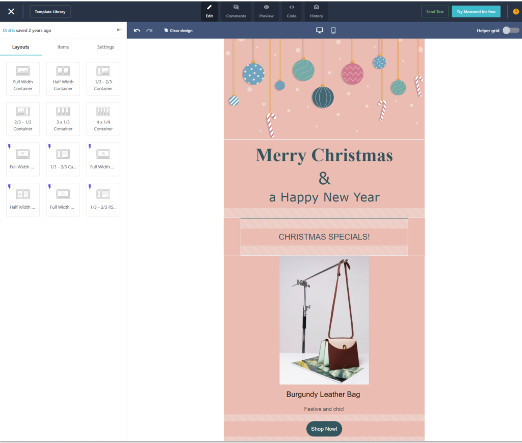 Christmas email template Moosend editor