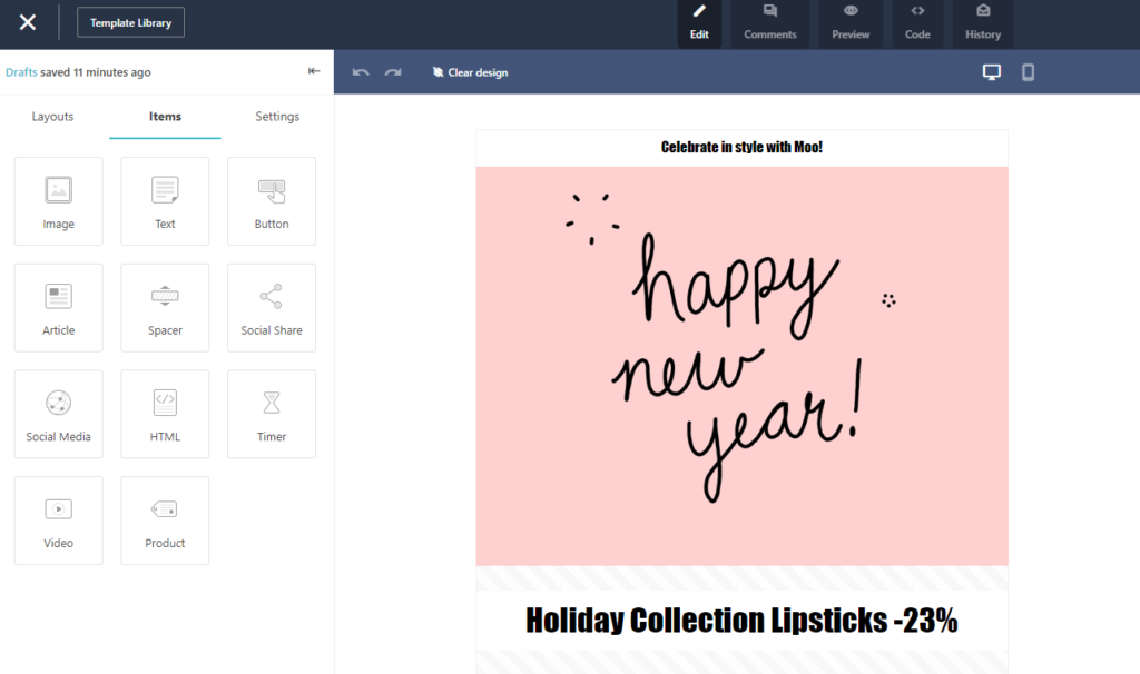 Moosend New Year email template builder