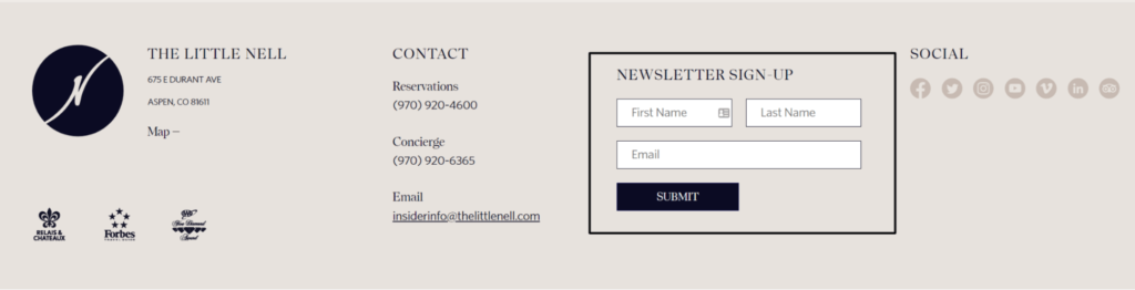 hotel email signup form from the Little Nell