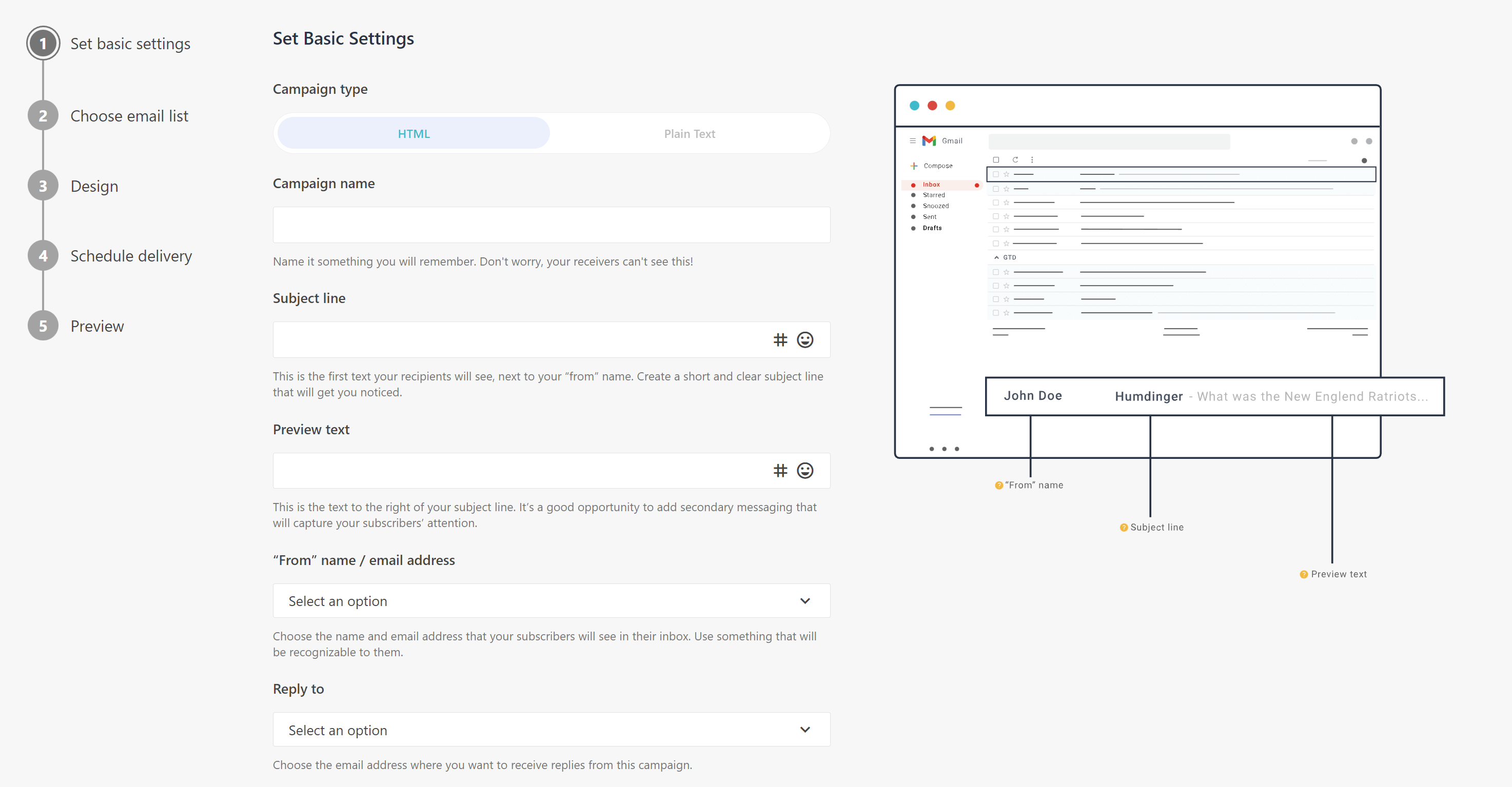 Moosend basic campaign settings