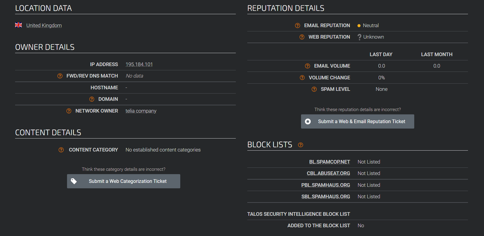 Talos Intelligence ip reputation check example