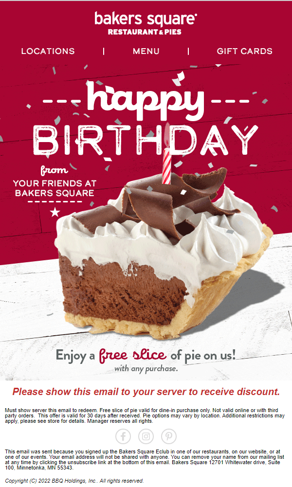 Bakers Square birthday email