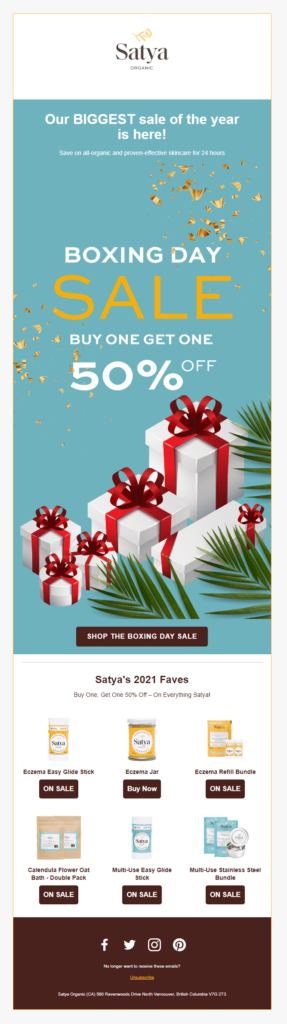 Boxing Day email campaign by Satya Organic boxing day email examples