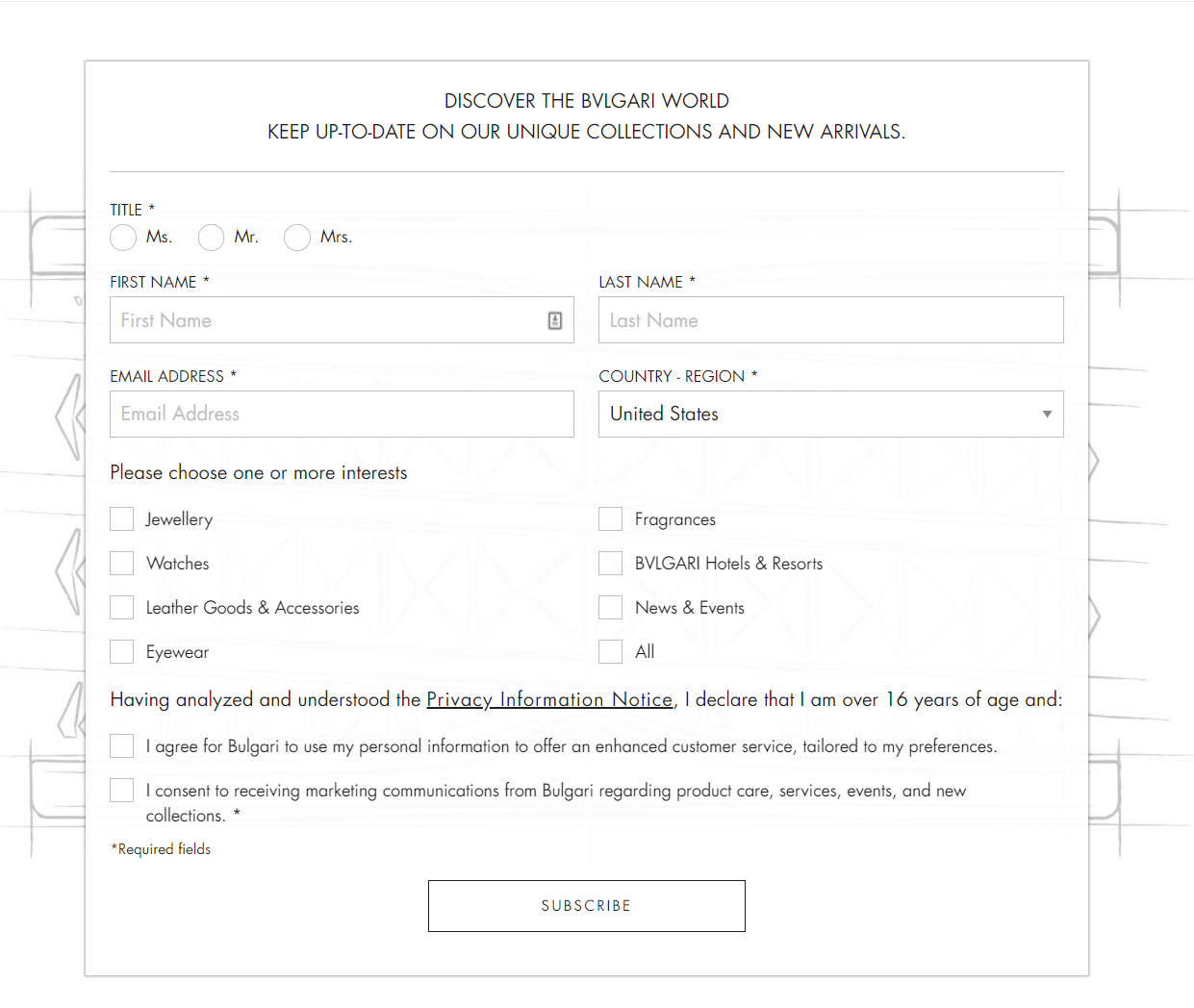 Bulgari newsletter signup form example for segmentation