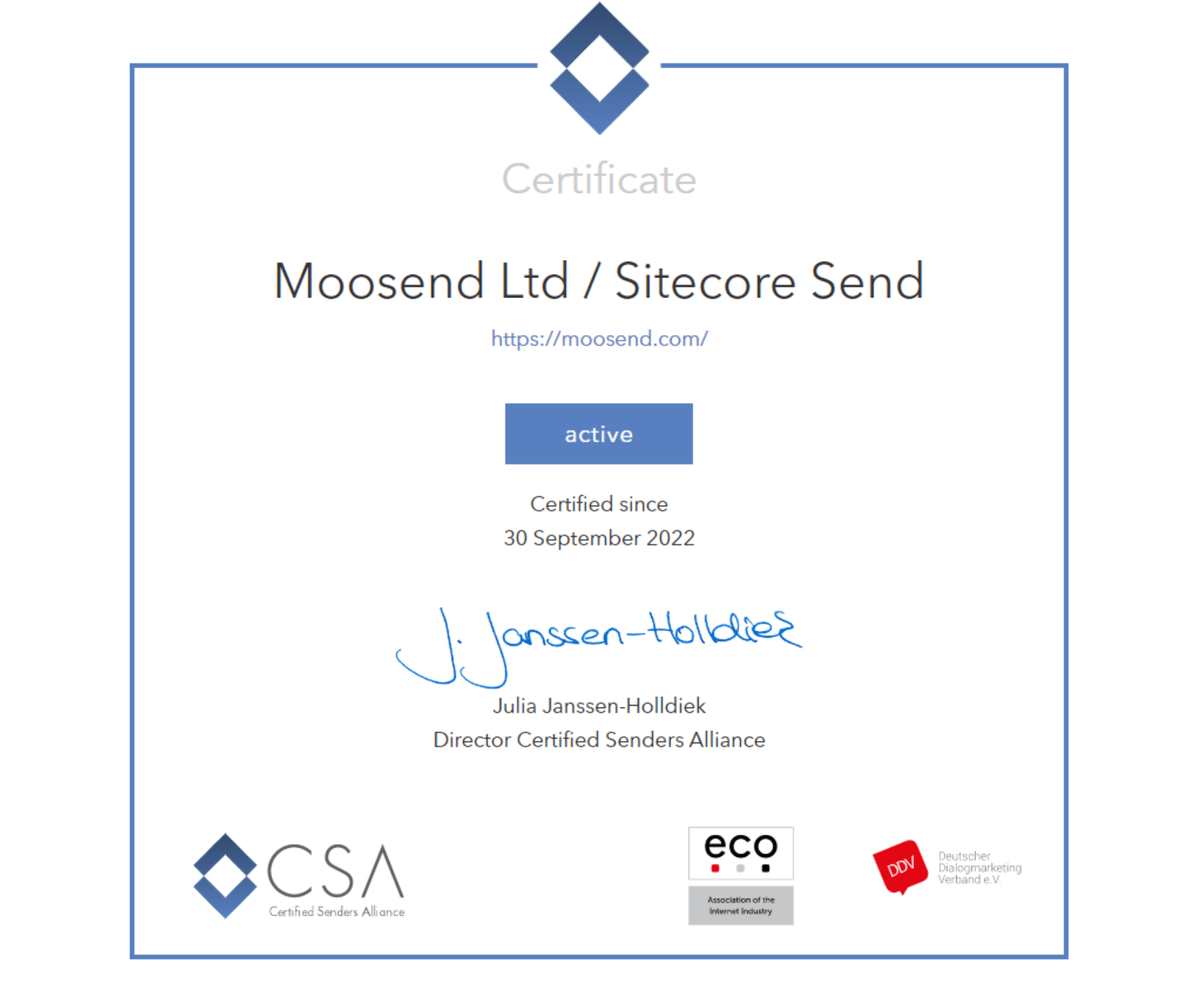 CSA certification for Moosend and Sitecore Send