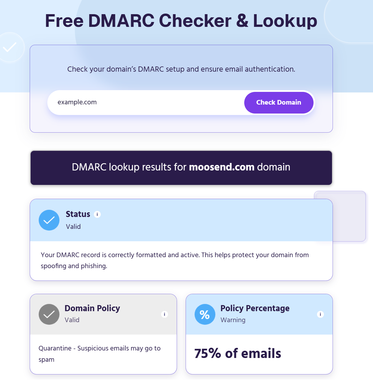 dmarc checker by moosend example
