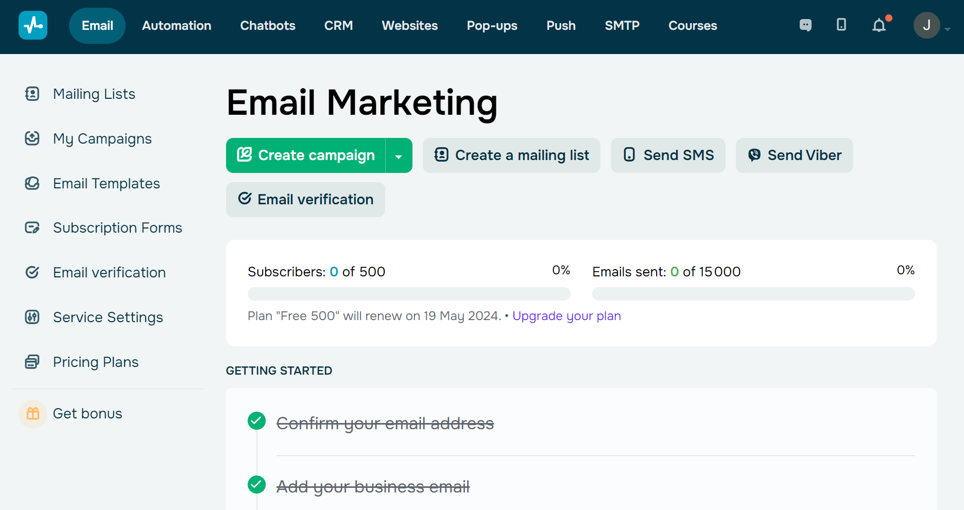 sendpulse email marketing tool dashboard