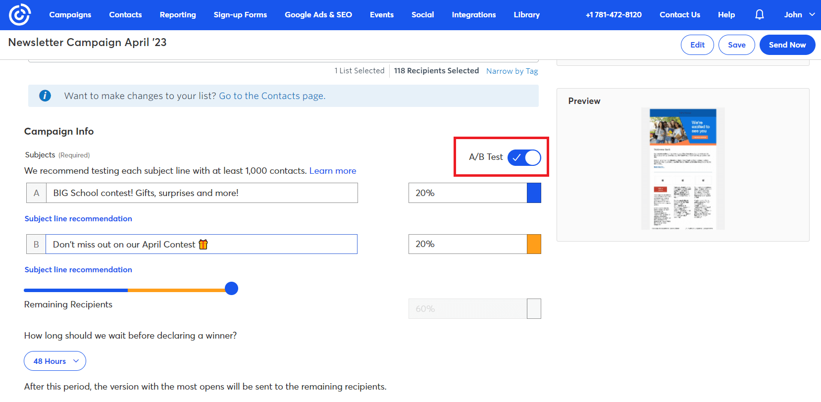 Constant contact ab testing feature