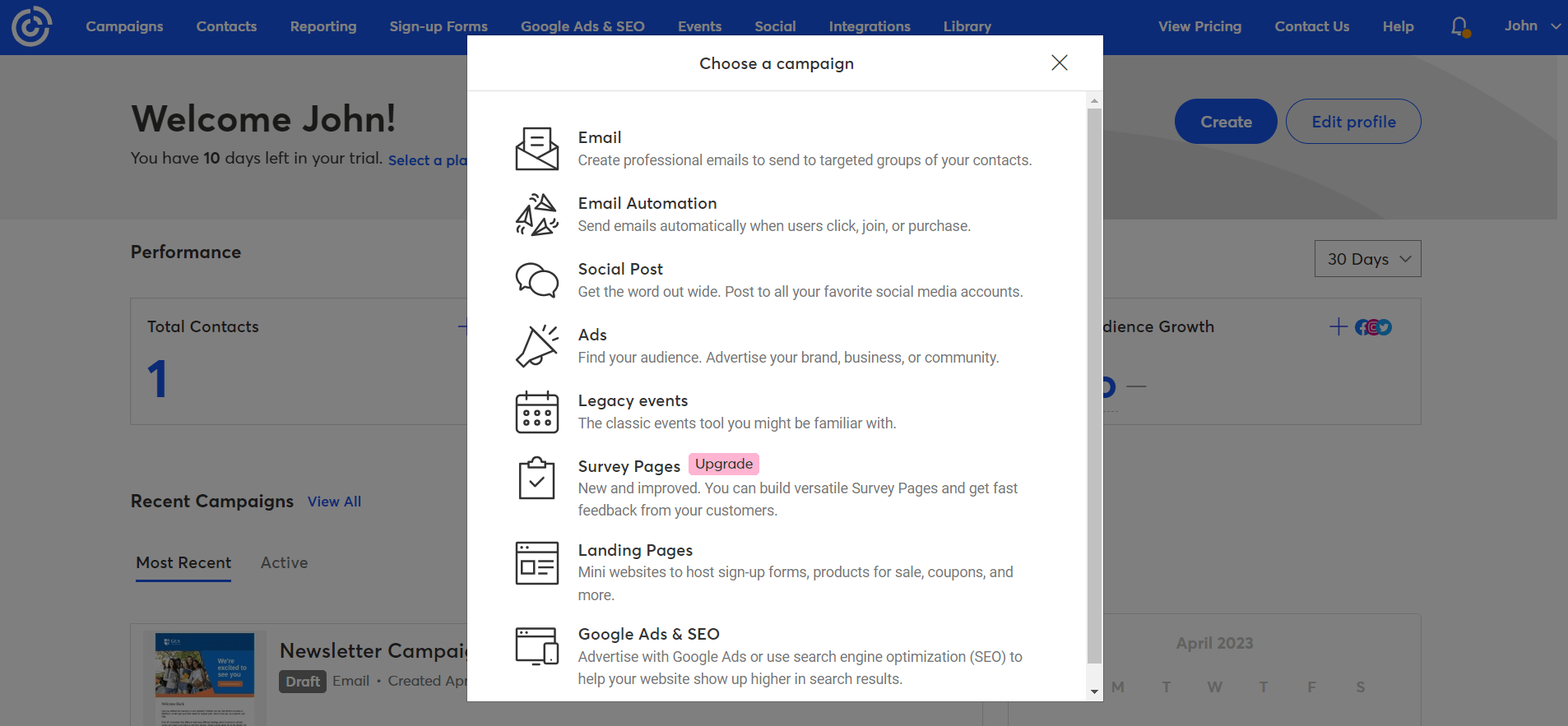 constant contact user interface