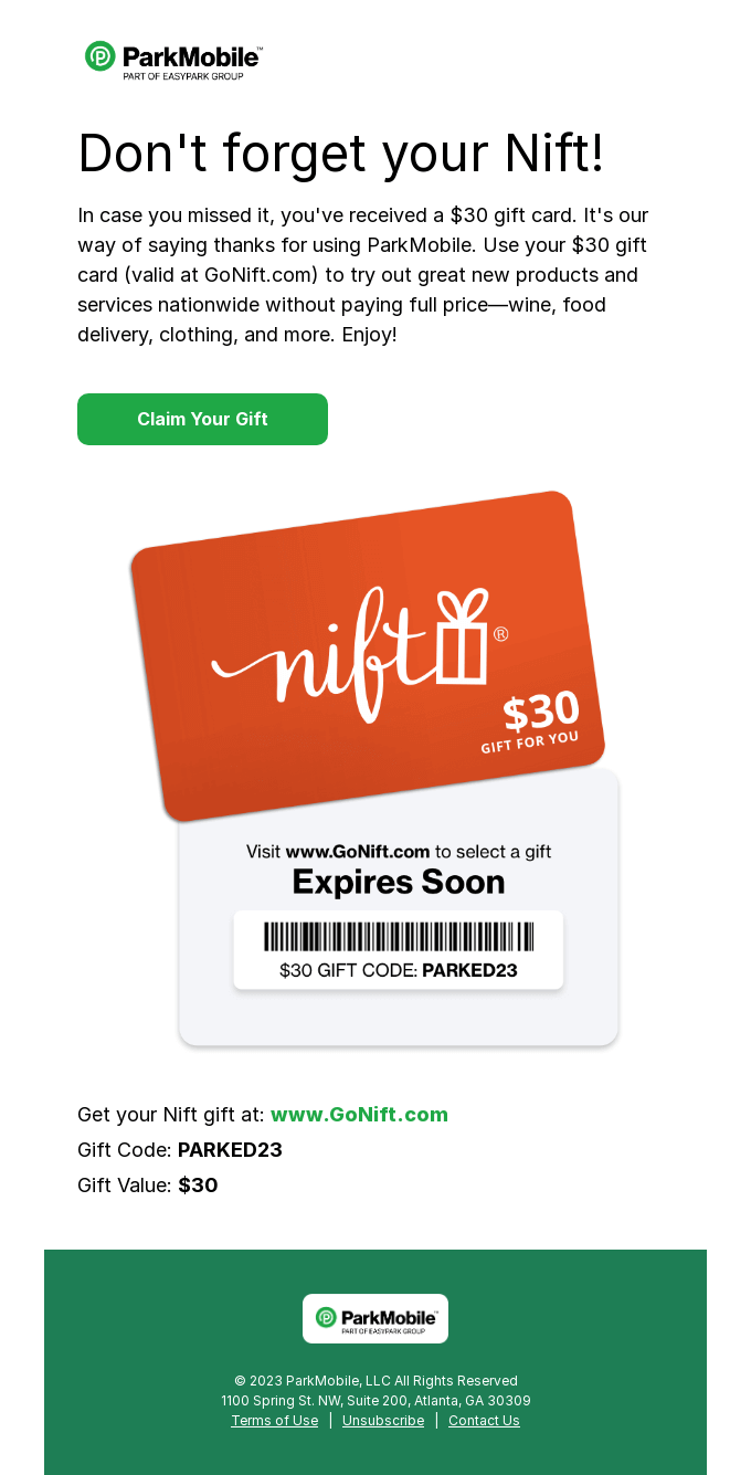 Park Mobile's reminder email Park Mobile's reminder email