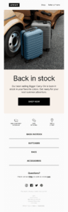 away's back-in-stock email Away's back-in-stock reminder email announcing a best-selling product's return