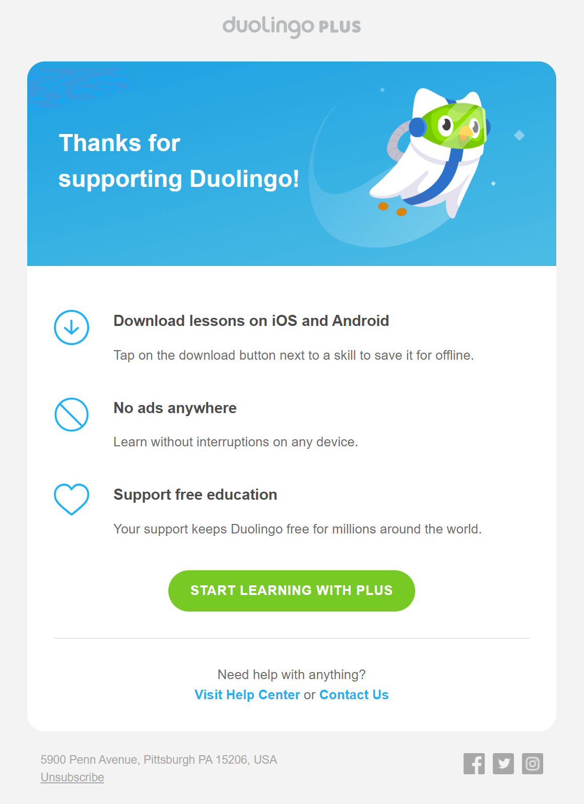 duolingo plus thank you email campaign