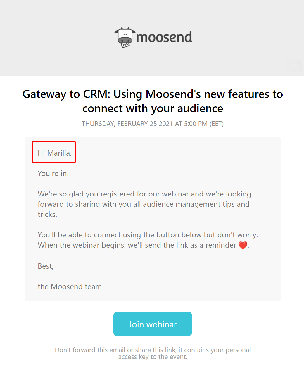 moosend upcoming event email greeting