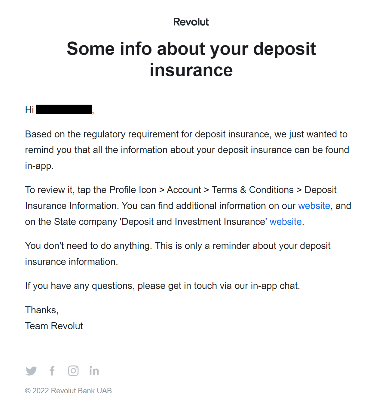 revolut insurance deposit reminder