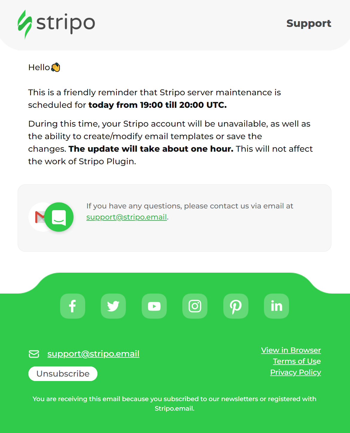 stripo reminder email for server maintenance